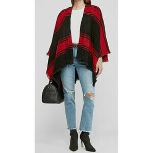 Express oversized blanket poncho red black textured open front, size one size